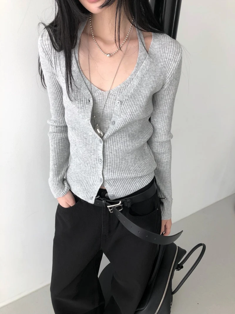 Nweol Ribbed Knit Cardigan and Tank Top Set