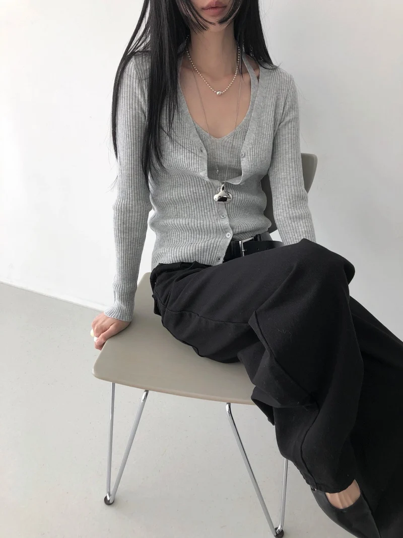 Nweol Ribbed Knit Cardigan and Tank Top Set