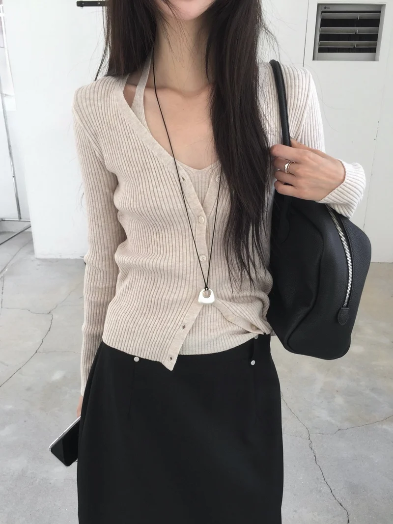 Nweol Ribbed Knit Cardigan and Tank Top Set
