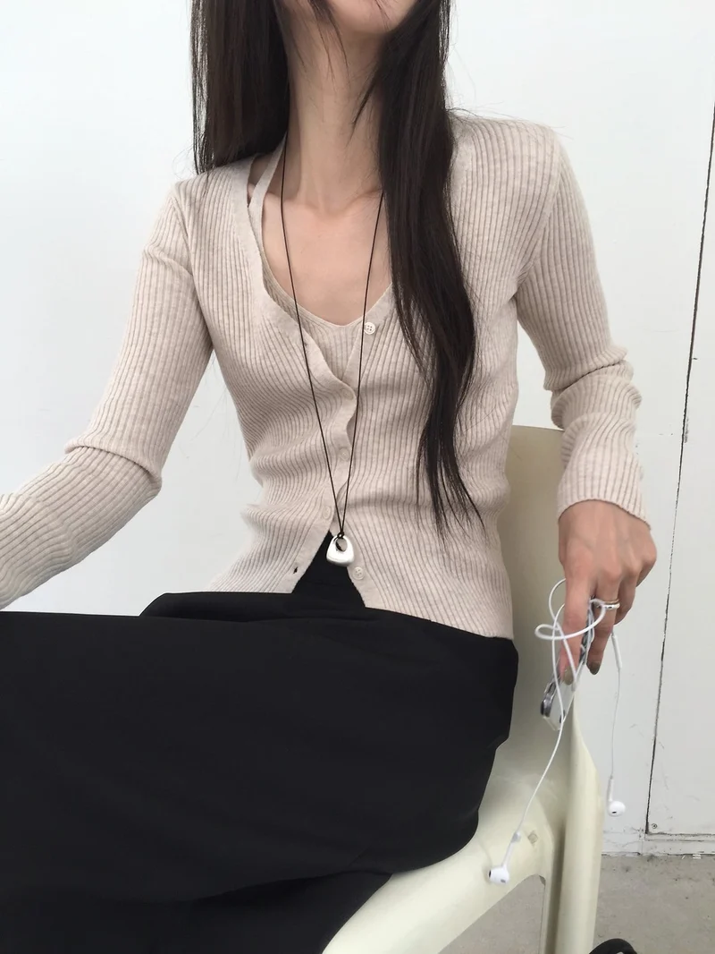 Nweol Ribbed Knit Cardigan and Tank Top Set