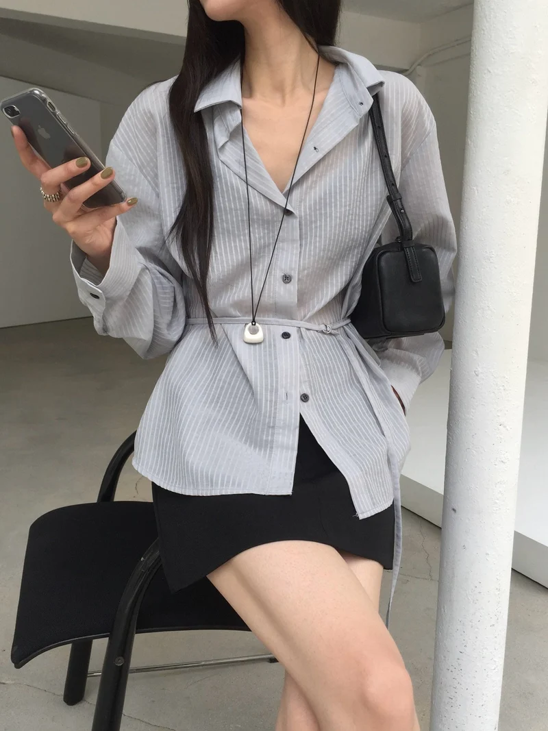 Nweol Stripe Texture Button-Down Shirt with Drawstring Waist