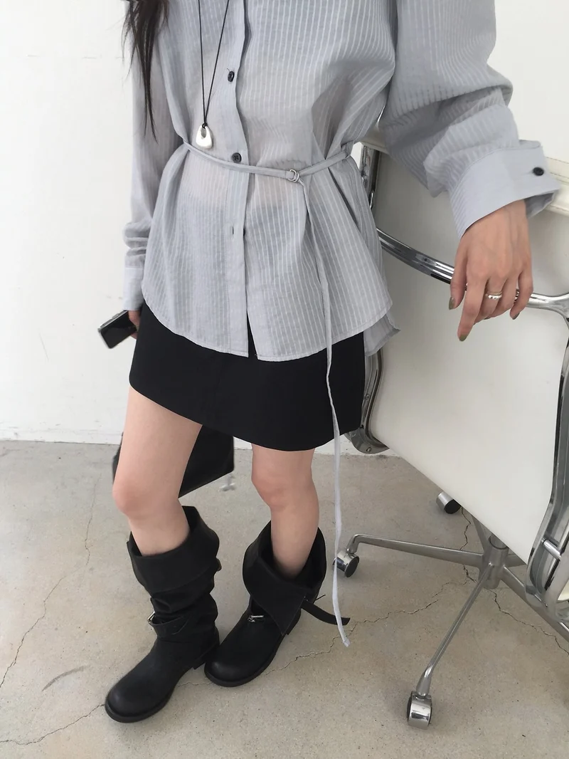 Nweol Stripe Texture Button-Down Shirt with Drawstring Waist