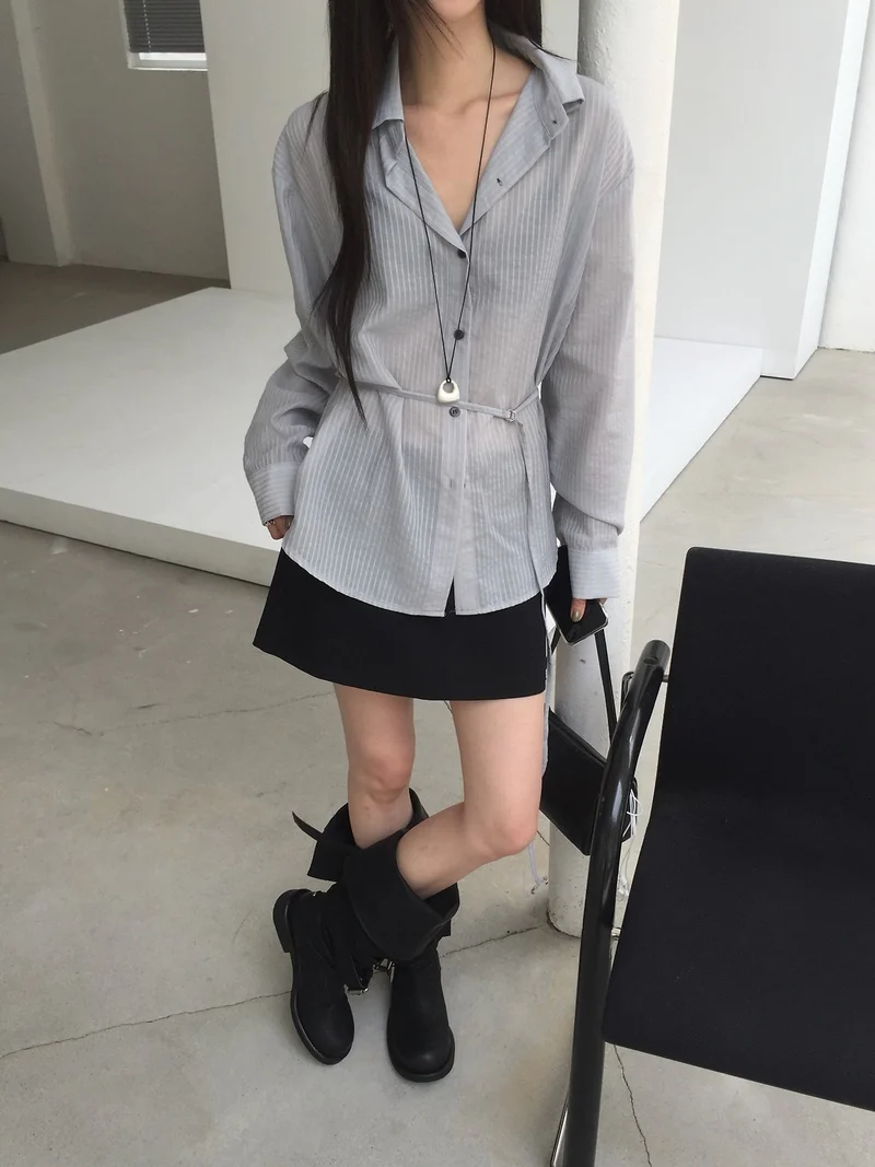 Nweol Stripe Texture Button-Down Shirt with Drawstring Waist