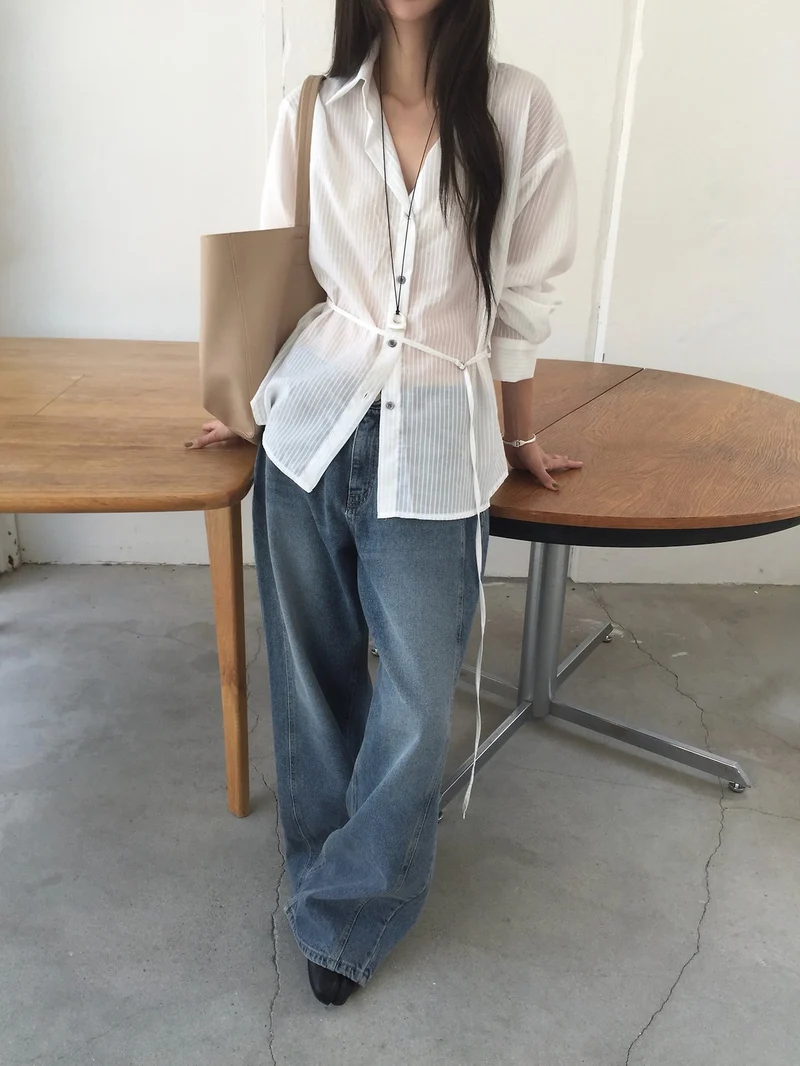 Nweol Stripe Texture Button-Down Shirt with Drawstring Waist