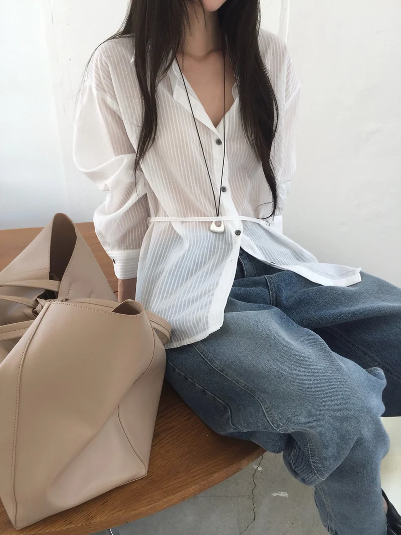 Nweol Stripe Texture Button-Down Shirt with Drawstring Waist