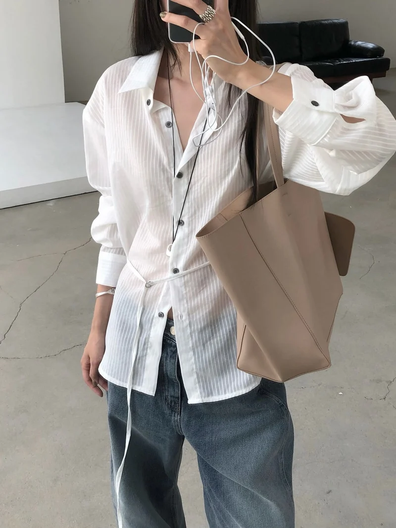 Nweol Stripe Texture Button-Down Shirt with Drawstring Waist