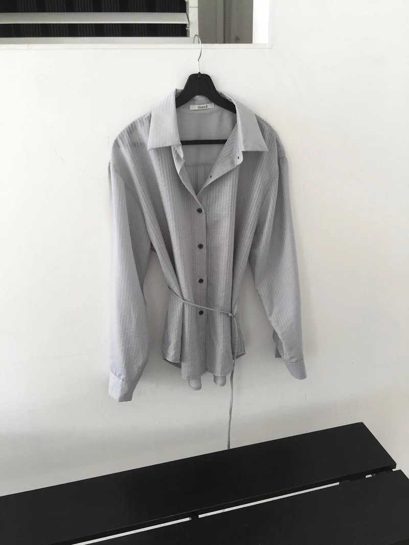 Nweol Stripe Texture Button-Down Shirt with Drawstring Waist