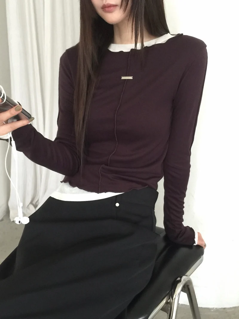 (2Pack) Nweol Frill Neck Seam Detail Fitted Long Sleeve Top