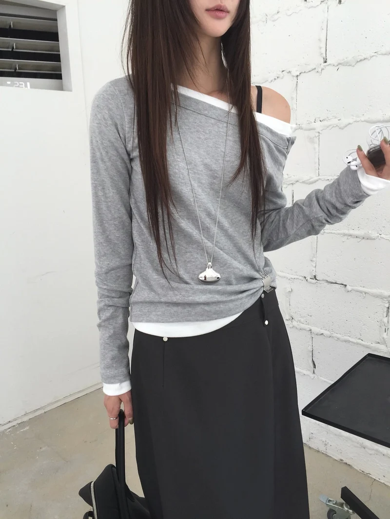 (2Pack) Nweol Off-Shoulder Button Long Sleeve Top