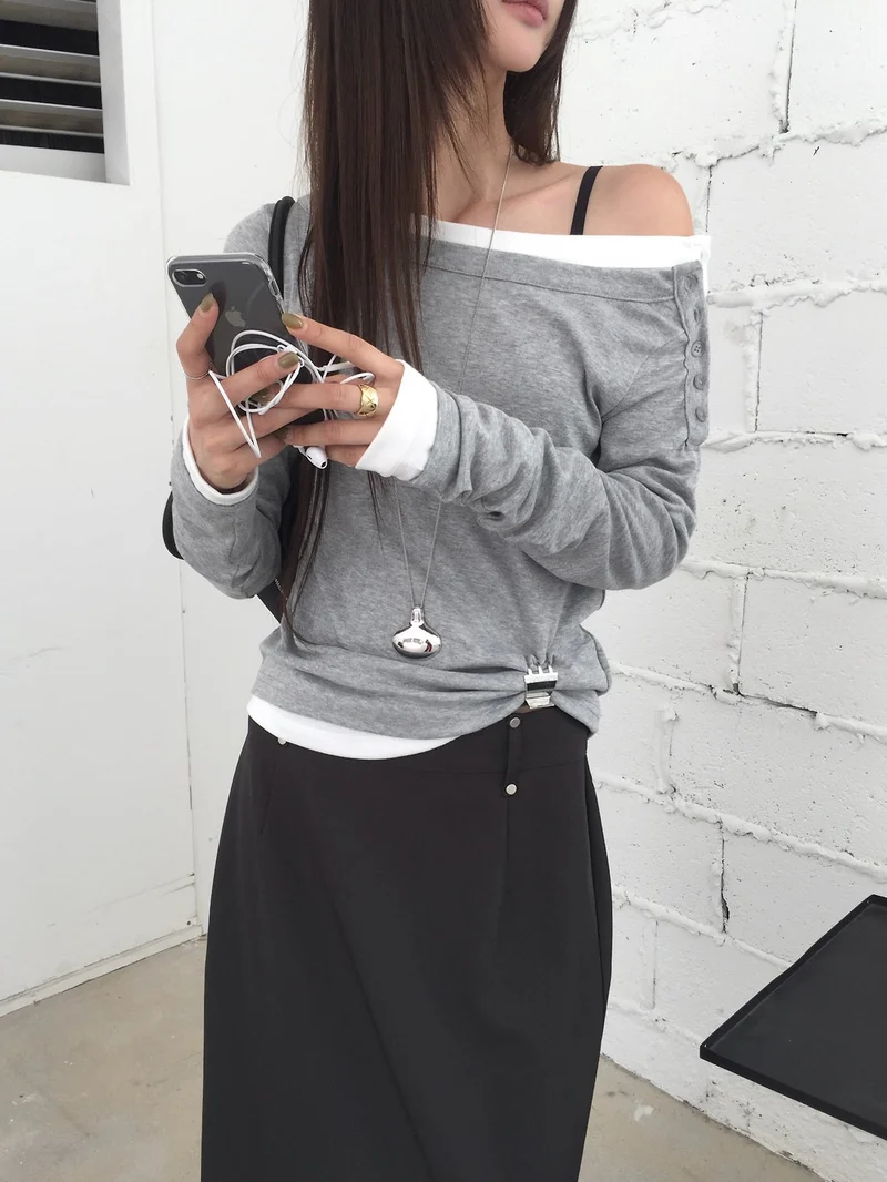 (2Pack) Nweol Off-Shoulder Button Long Sleeve Top