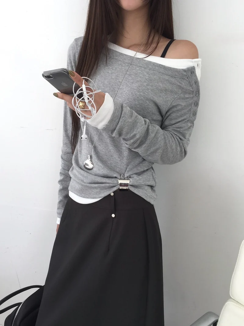 (2Pack) Nweol Off-Shoulder Button Long Sleeve Top