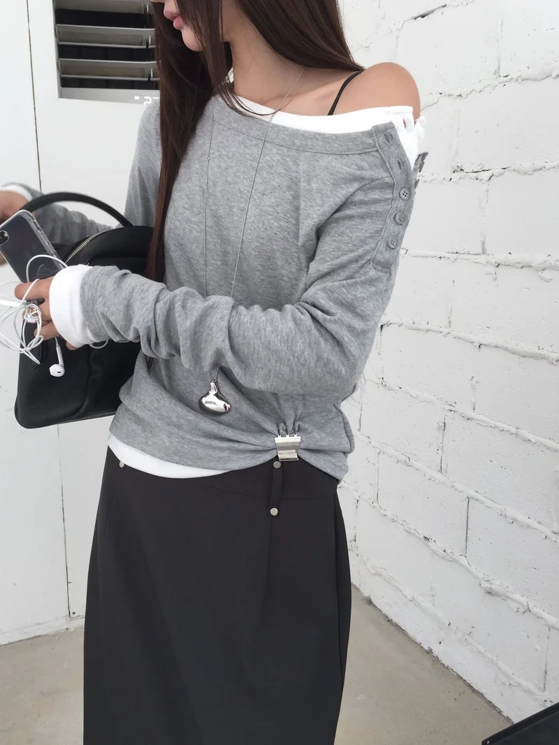(2Pack) Nweol Off-Shoulder Button Long Sleeve Top