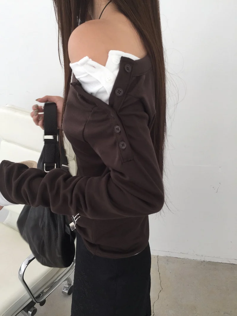 (2Pack) Nweol Off-Shoulder Button Long Sleeve Top
