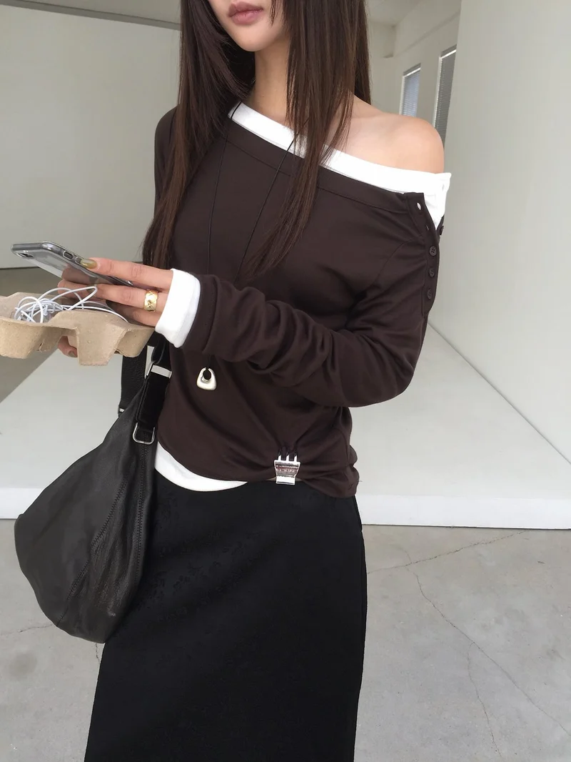 (2Pack) Nweol Off-Shoulder Button Long Sleeve Top