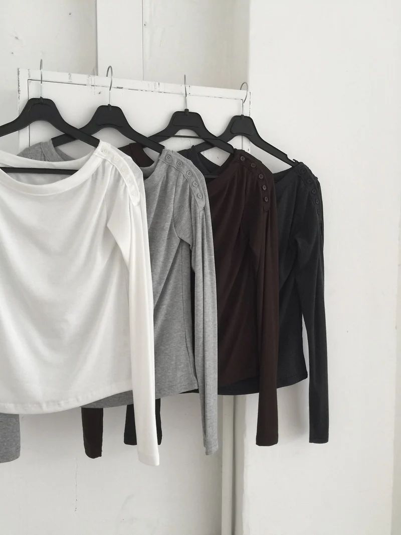 (2Pack) Nweol Off-Shoulder Button Long Sleeve Top