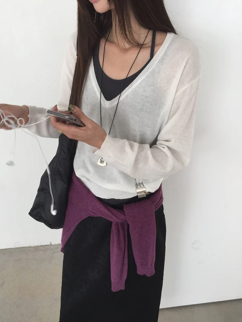 (2Pack) Nweol Deep V-Neck Long Sleeve Knit Top