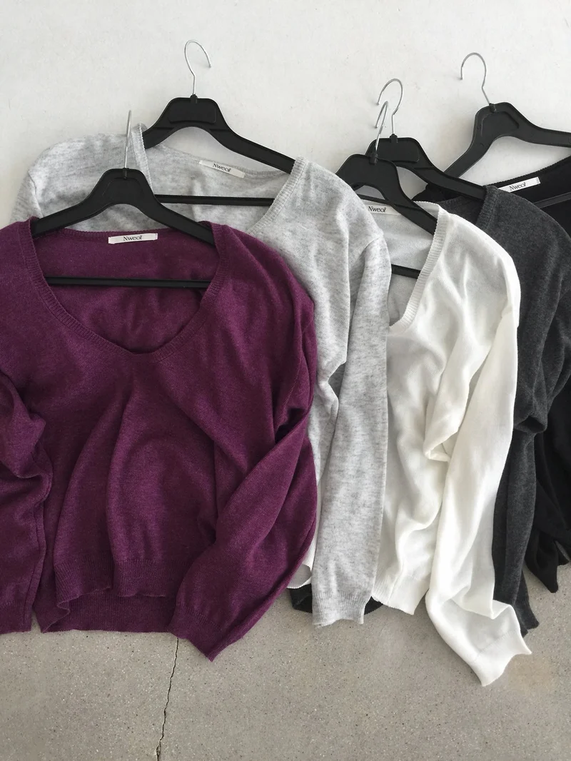 (2Pack) Nweol Deep V-Neck Long Sleeve Knit Top