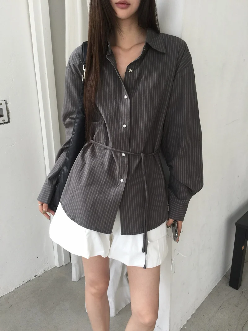 Nweol Striped Snap Button Shirt with Belt