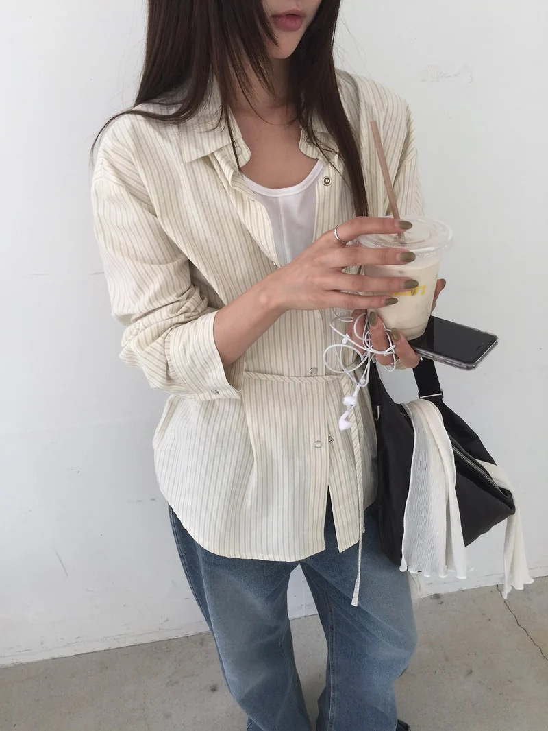 Nweol Striped Snap Button Shirt with Belt