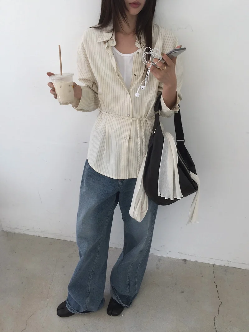 Nweol Striped Snap Button Shirt with Belt