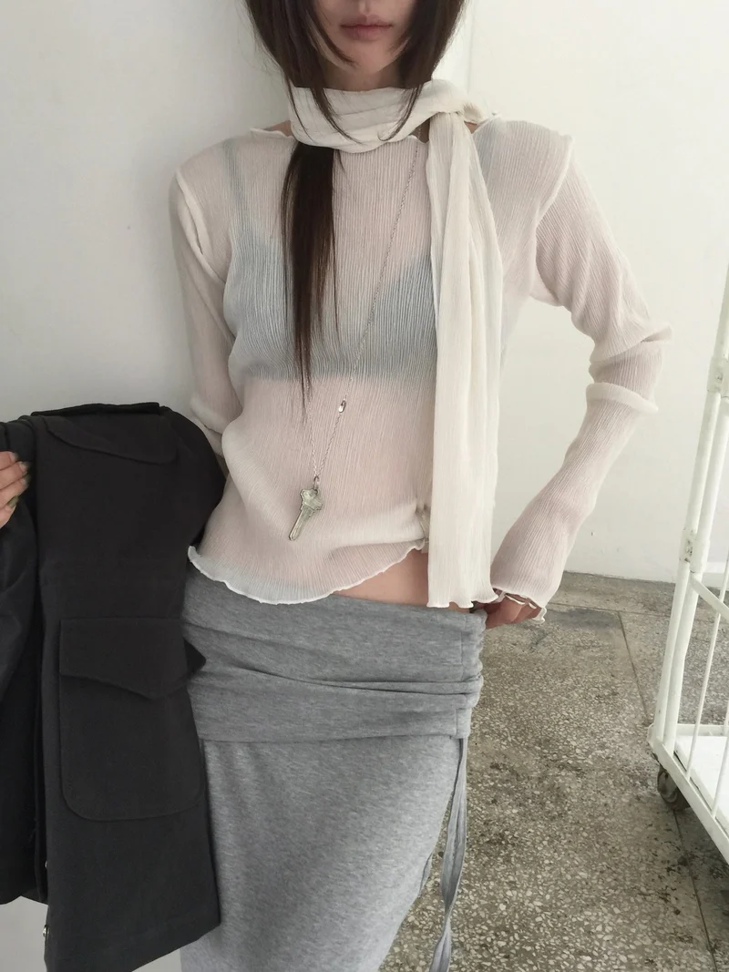 Nweol Pleated Long Sleeve Top with Scarf Set