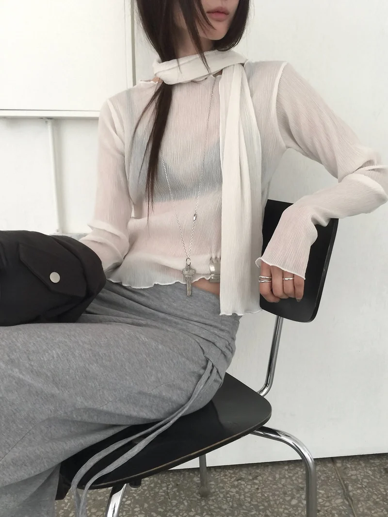 Nweol Pleated Long Sleeve Top with Scarf Set