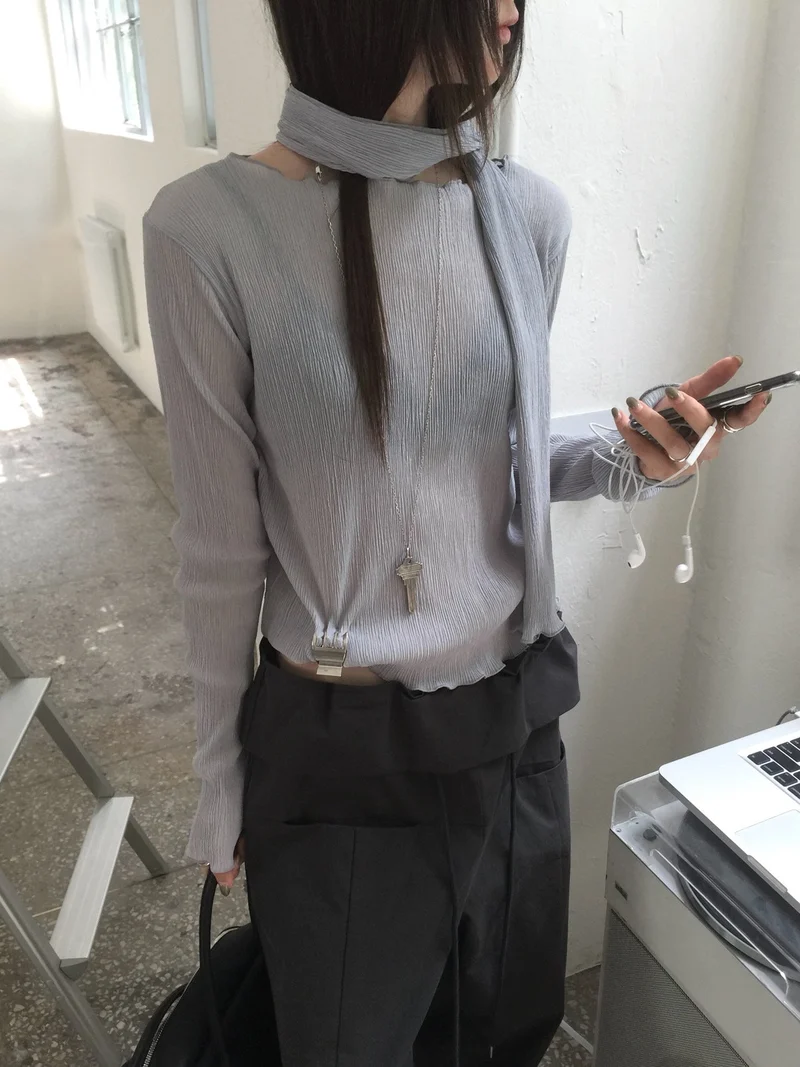 Nweol Pleated Long Sleeve Top with Scarf Set