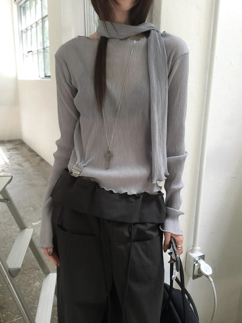Nweol Pleated Long Sleeve Top with Scarf Set
