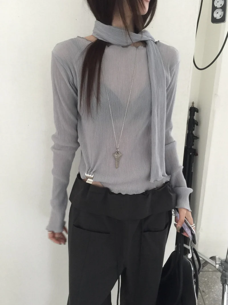 Nweol Pleated Long Sleeve Top with Scarf Set