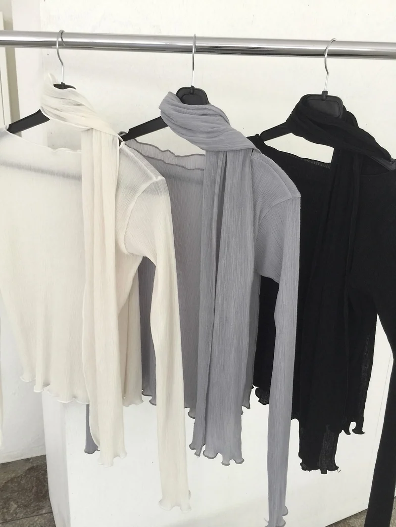 Nweol Pleated Long Sleeve Top with Scarf Set