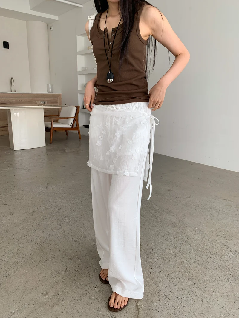 Merrymore Floral Overlay Wrap Layered Wide Leg Pants