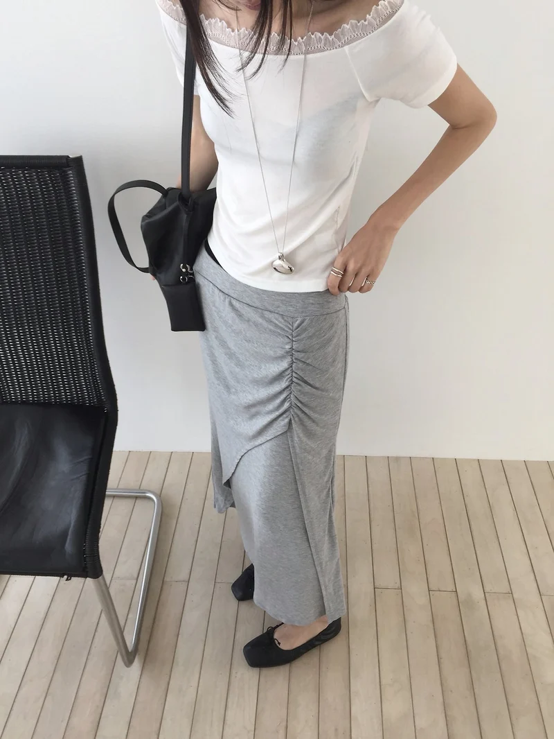 (2Pack) Nweol Side Ruched Maxi Skirt with Contrast Waistband