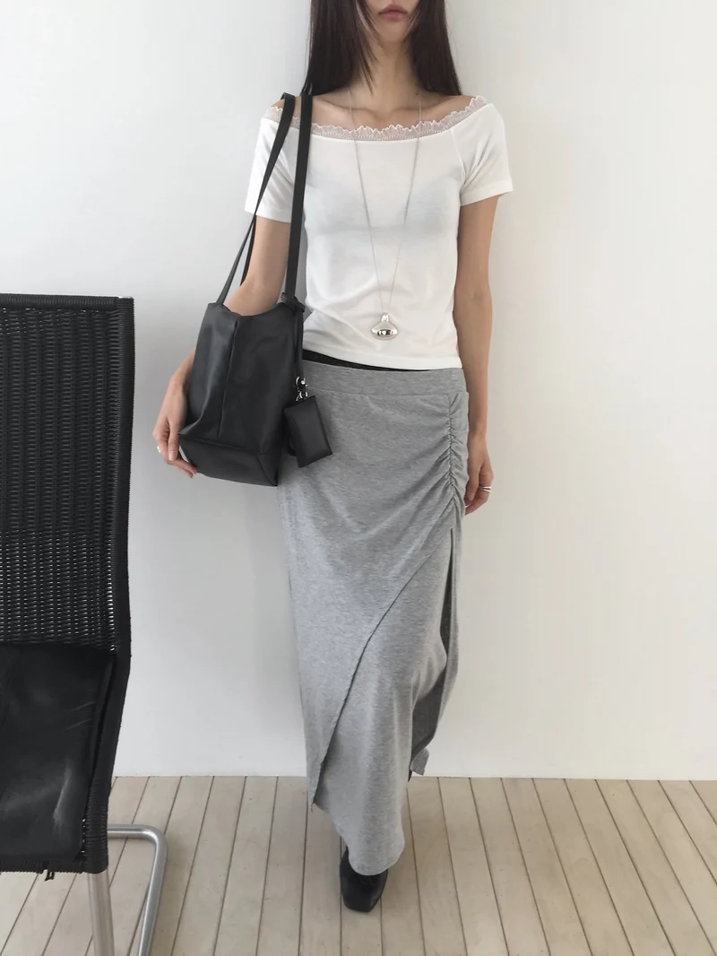 (2Pack) Nweol Side Ruched Maxi Skirt with Contrast Waistband