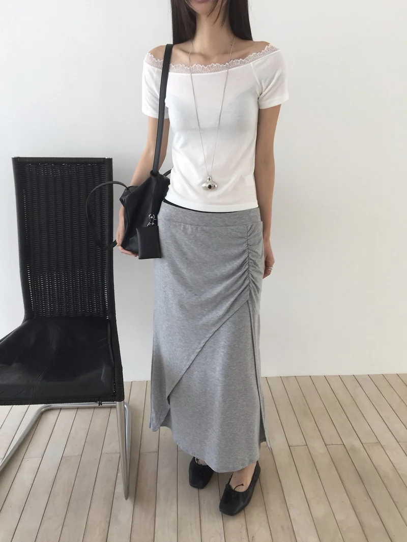 (2Pack) Nweol Side Ruched Maxi Skirt with Contrast Waistband