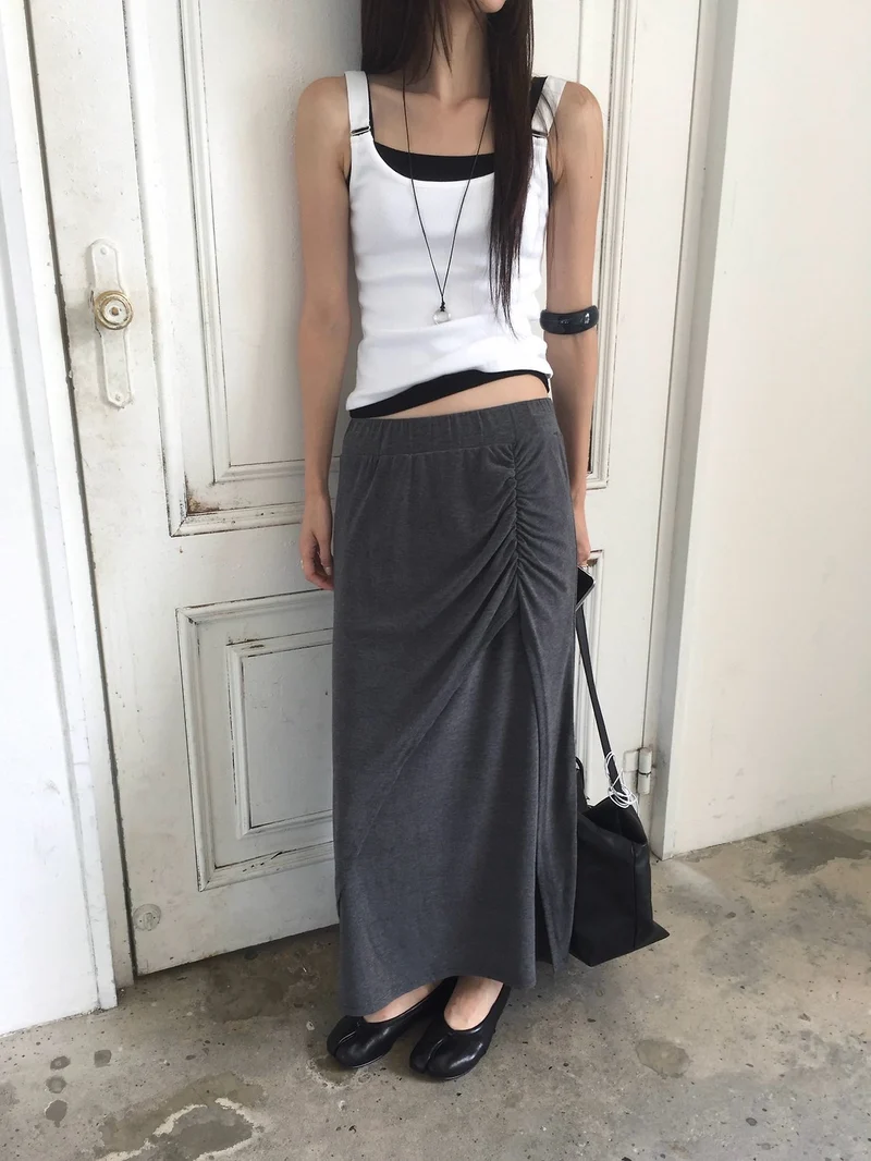 (2Pack) Nweol Side Ruched Maxi Skirt with Contrast Waistband