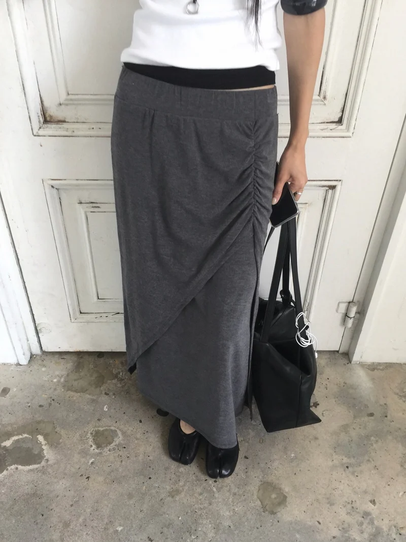 (2Pack) Nweol Side Ruched Maxi Skirt with Contrast Waistband