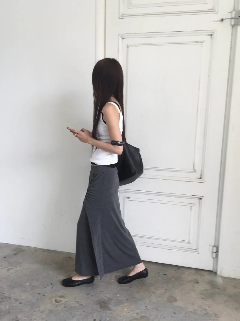 (2Pack) Nweol Side Ruched Maxi Skirt with Contrast Waistband