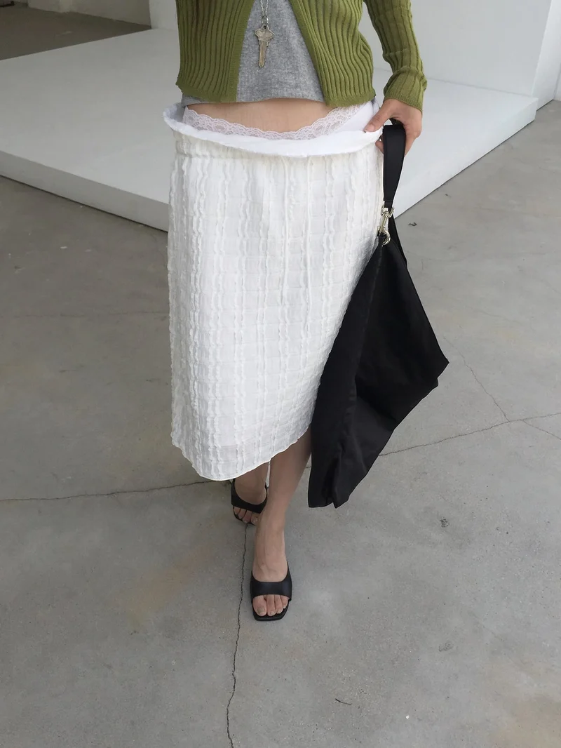 Nweol Bubble Texture Midi Skirt with Lace Waist