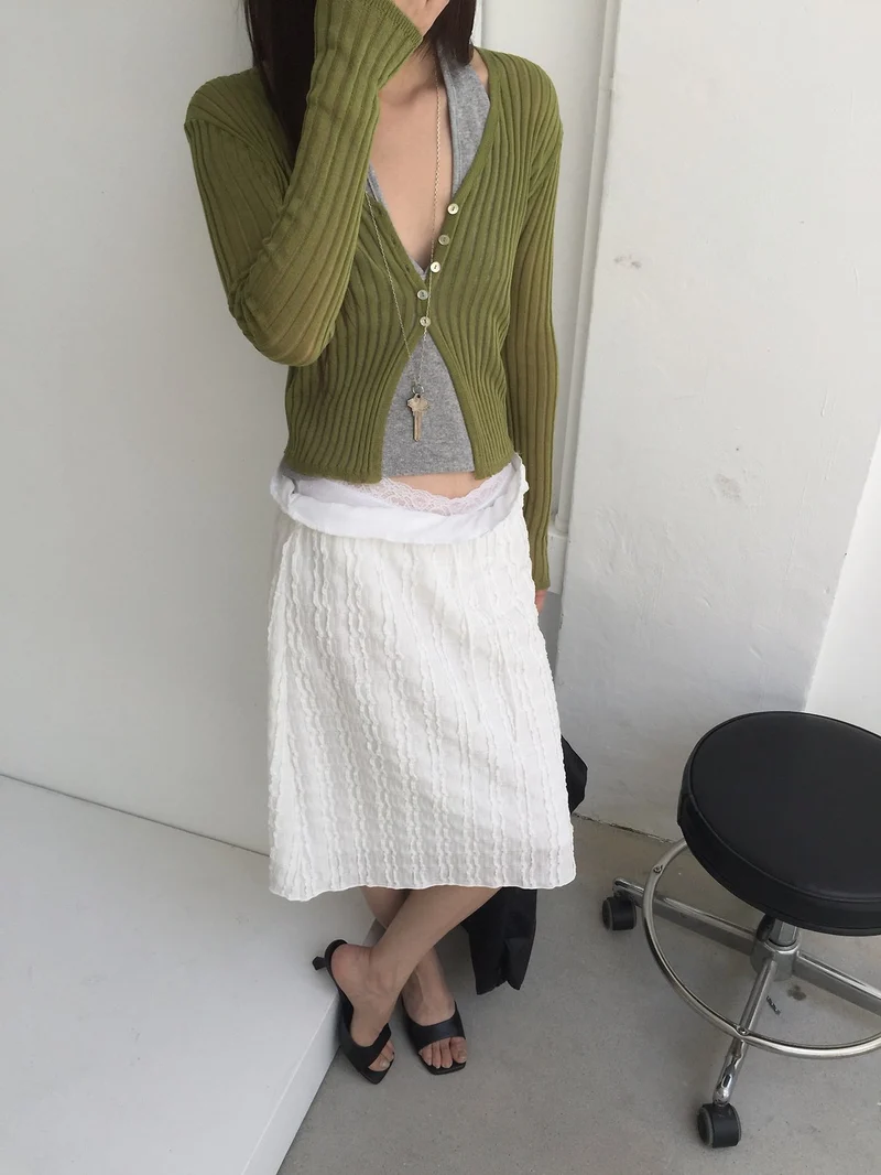 Nweol Bubble Texture Midi Skirt with Lace Waist