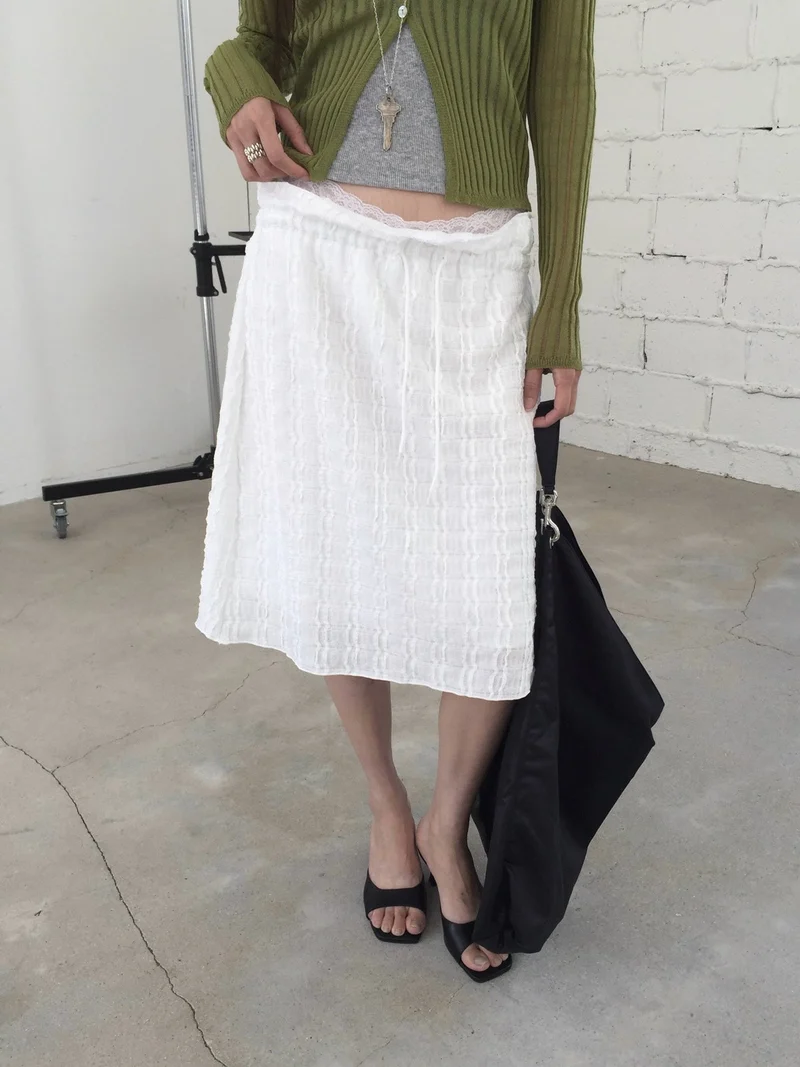 Nweol Bubble Texture Midi Skirt with Lace Waist