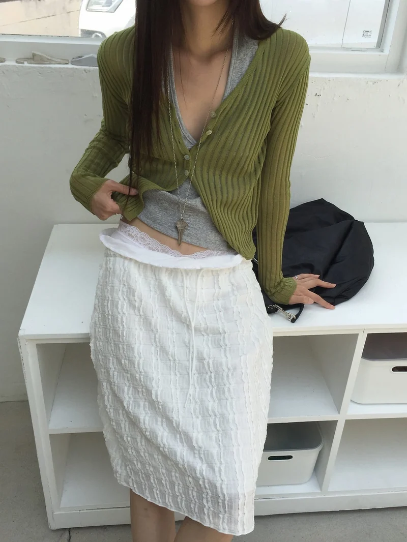 Nweol Bubble Texture Midi Skirt with Lace Waist