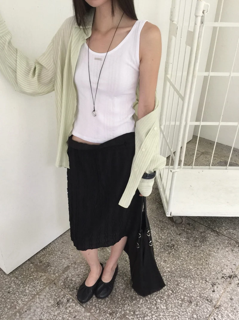 Nweol Bubble Texture Midi Skirt with Lace Waist