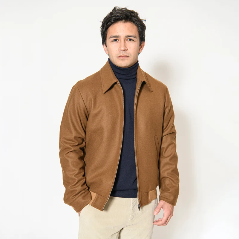 Le Blouson Teddy "Jimmy" Camel Col Chemise à Bords Côtes
