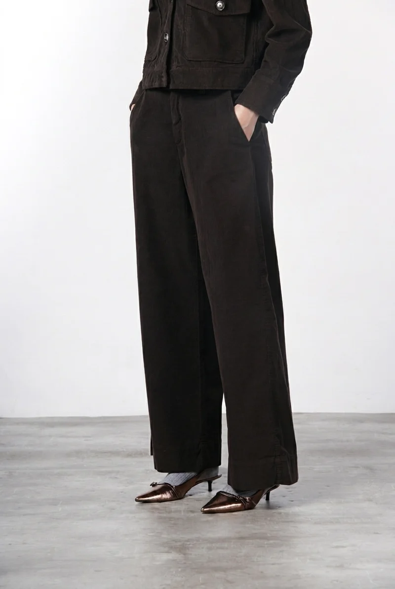 Pantalon chino New York Wide femme en velours côtelé 500 raies, wide leg