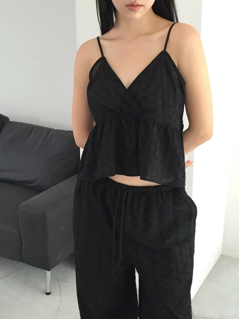 Lovemoment Eyelet Lace V-Neck Spaghetti Strap Tank Top (+Optional Pants)