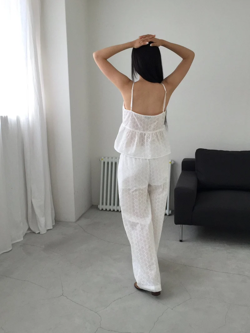 Lovemoment Eyelet Lace V-Neck Spaghetti Strap Tank Top (+Optional Pants)