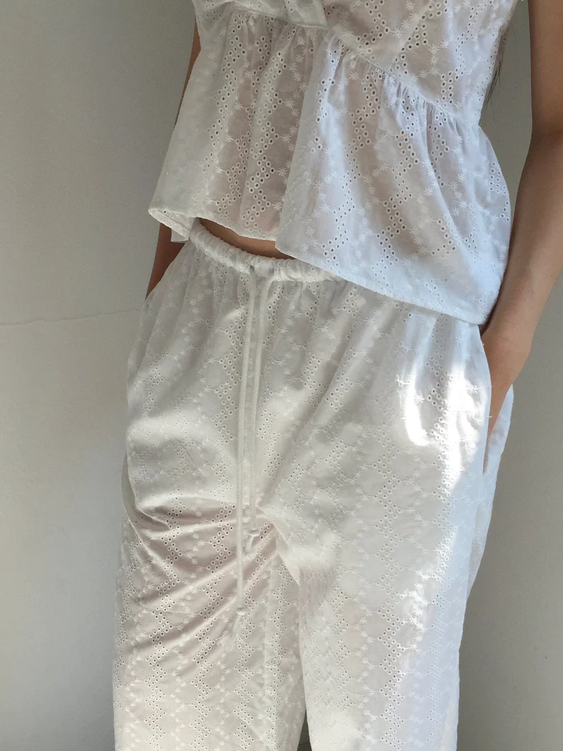 Lovemoment Eyelet Lace V-Neck Spaghetti Strap Tank Top (+Optional Pants)