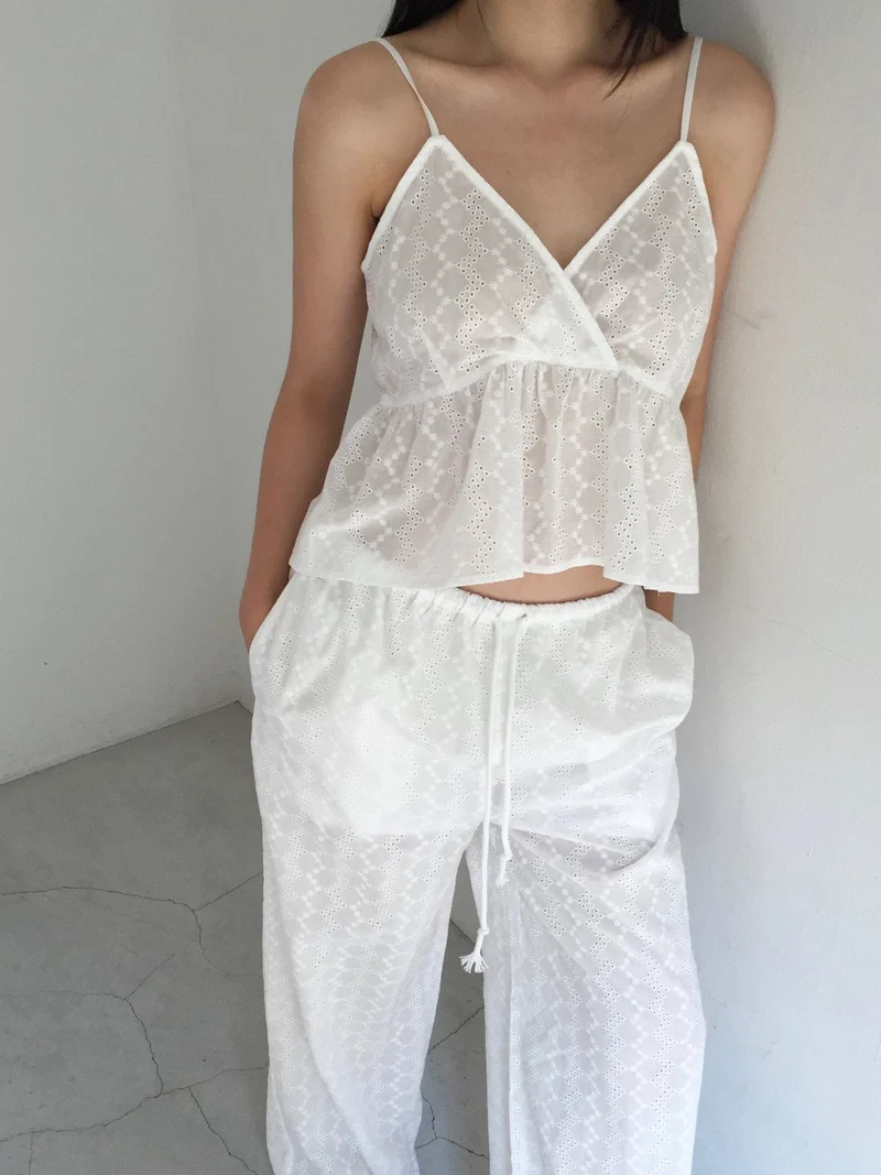 Lovemoment Eyelet Lace V-Neck Spaghetti Strap Tank Top (+Optional Pants)