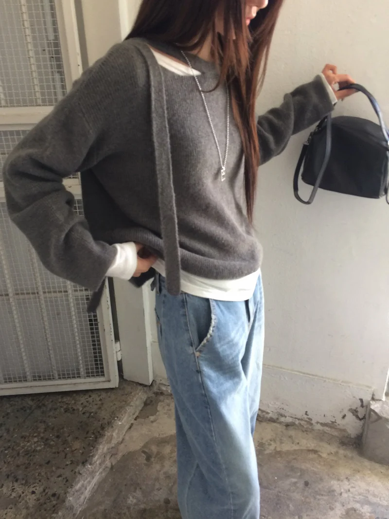 Anou Off-Shoulder Strap Cutout Loose Fit Long Sleeve Knit Top
