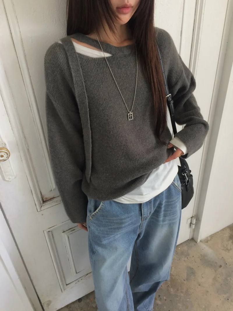 Anou Off-Shoulder Strap Cutout Loose Fit Long Sleeve Knit Top